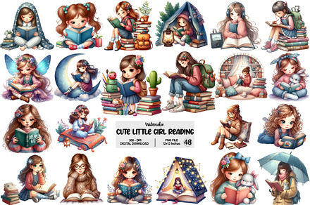Cute Little Girl Reading Clipart