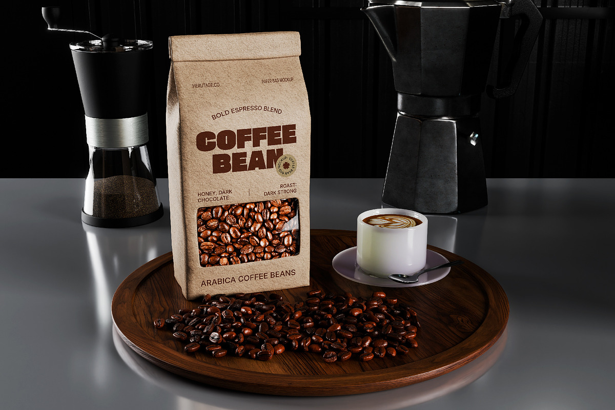 Coffee Bean Paper Bag Mockup, an Advertising Mockup by herutage (Photo 3 of 4)