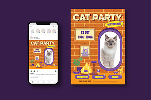 Cat Party Flyer, a Flyer Template by iDoodle Studio