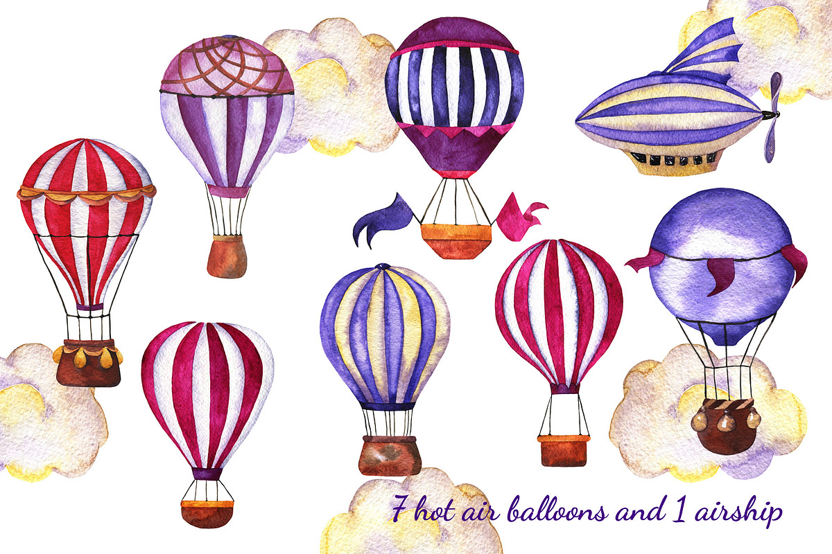 Balloons and clouds watercolor set, an Illustration by Watercolor & sketches (Photo 2 of 5)