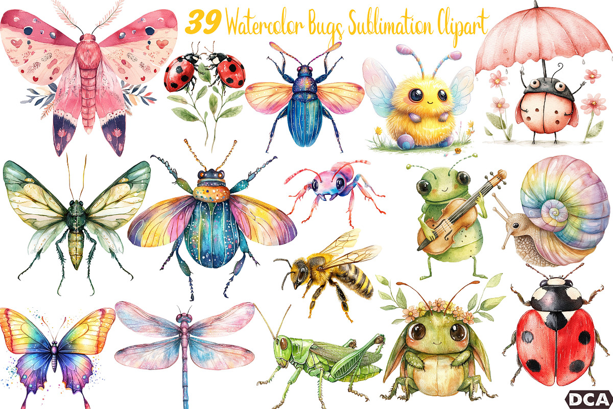 Watercolor Bugs Sublimation Clipart, an Illustration by DreamCafeArt (Photo 1 of 7)