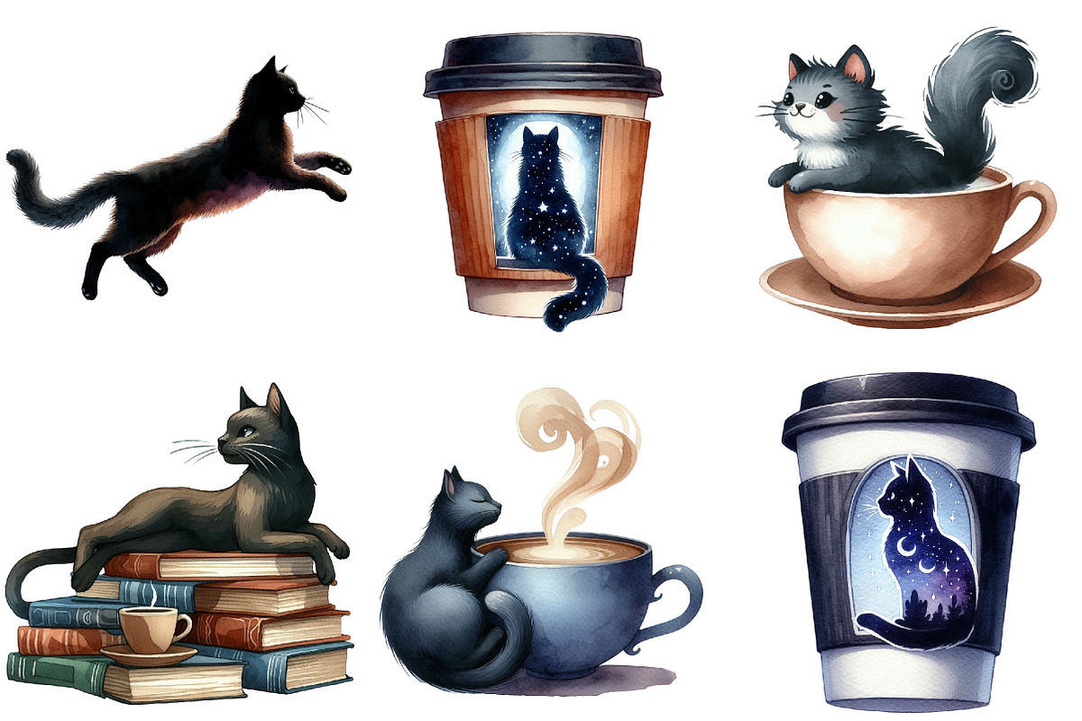 Cat Silhouette Love Coffee Clipart, an Illustration by Pixels.Craft (Photo 7 of 8)