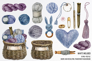 Watercolor Knitting, Crochet Clipart