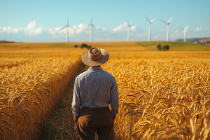 Farmer walking through golden wheat, a Photo by Tanuart