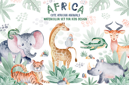 Cute African Animals Watercolor Set