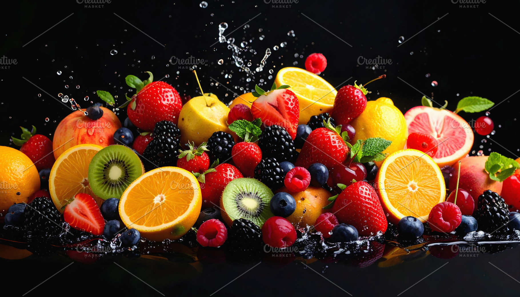 Assorted fruits floating dynamically against black background, a Food & Drink Photo by GoodGoods