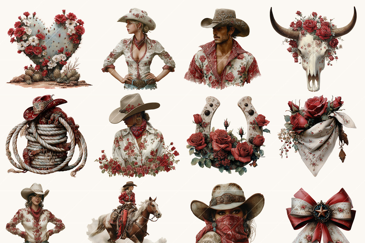 Watercolor Red Rose Western Clipart, a Person Illustration by BusyDaydesign (Photo 6 of 9)
