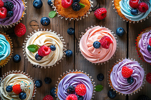 Flat lay of tasty cupcakes with butter cream and ripe berries on wooden table, a Food & Drink Photo by AlyaAnd