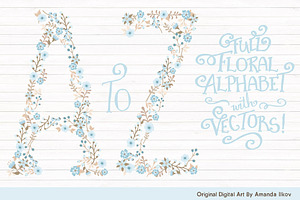 Soft Blue Floral Alphabet Clipart, an Illustration by Amanda Ilkov