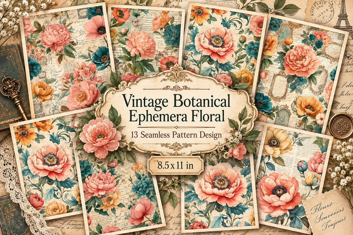 VINTAGE BOTANICAL EPHEMERA FLORAL, a Background Graphic by Printable Treasure (Photo 1 of 3)