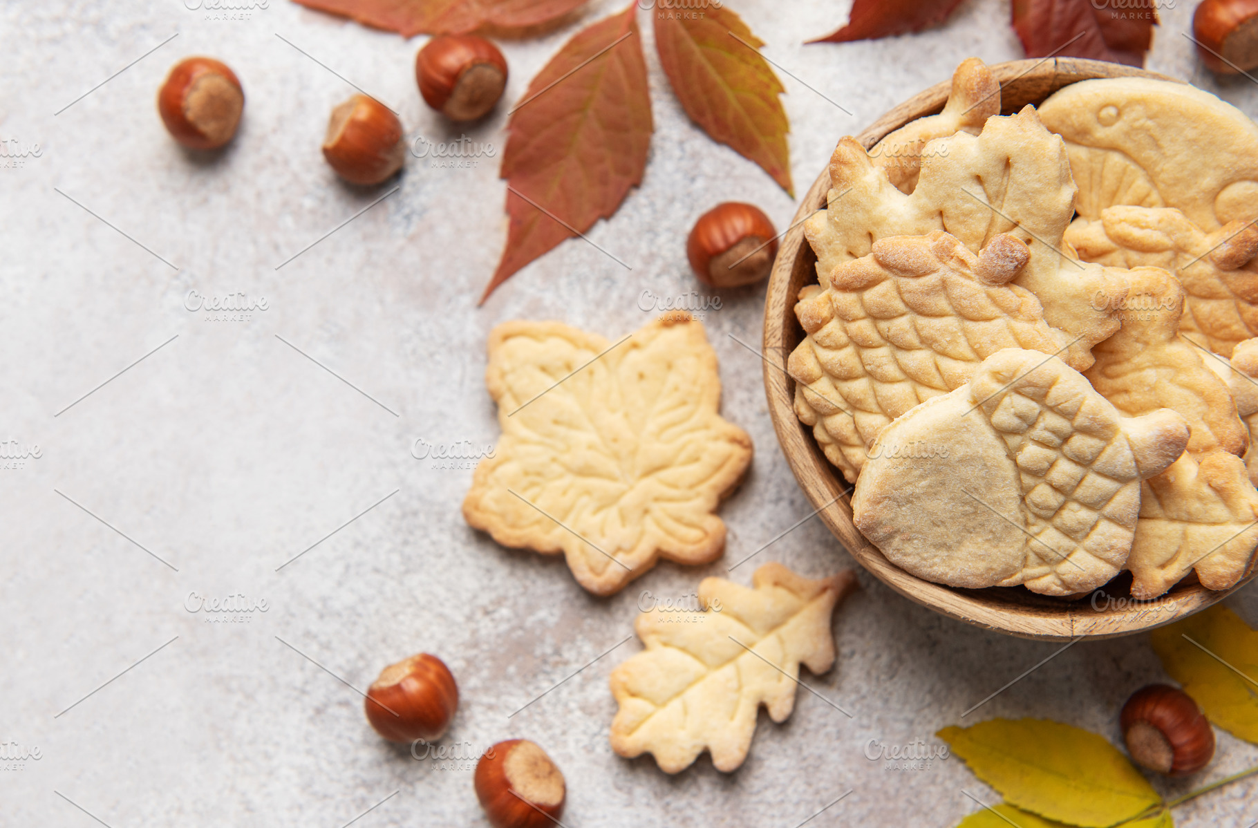 Autumn cookies with nuts and colorful leaves, a Food & Drink Photo by Olena Rudo