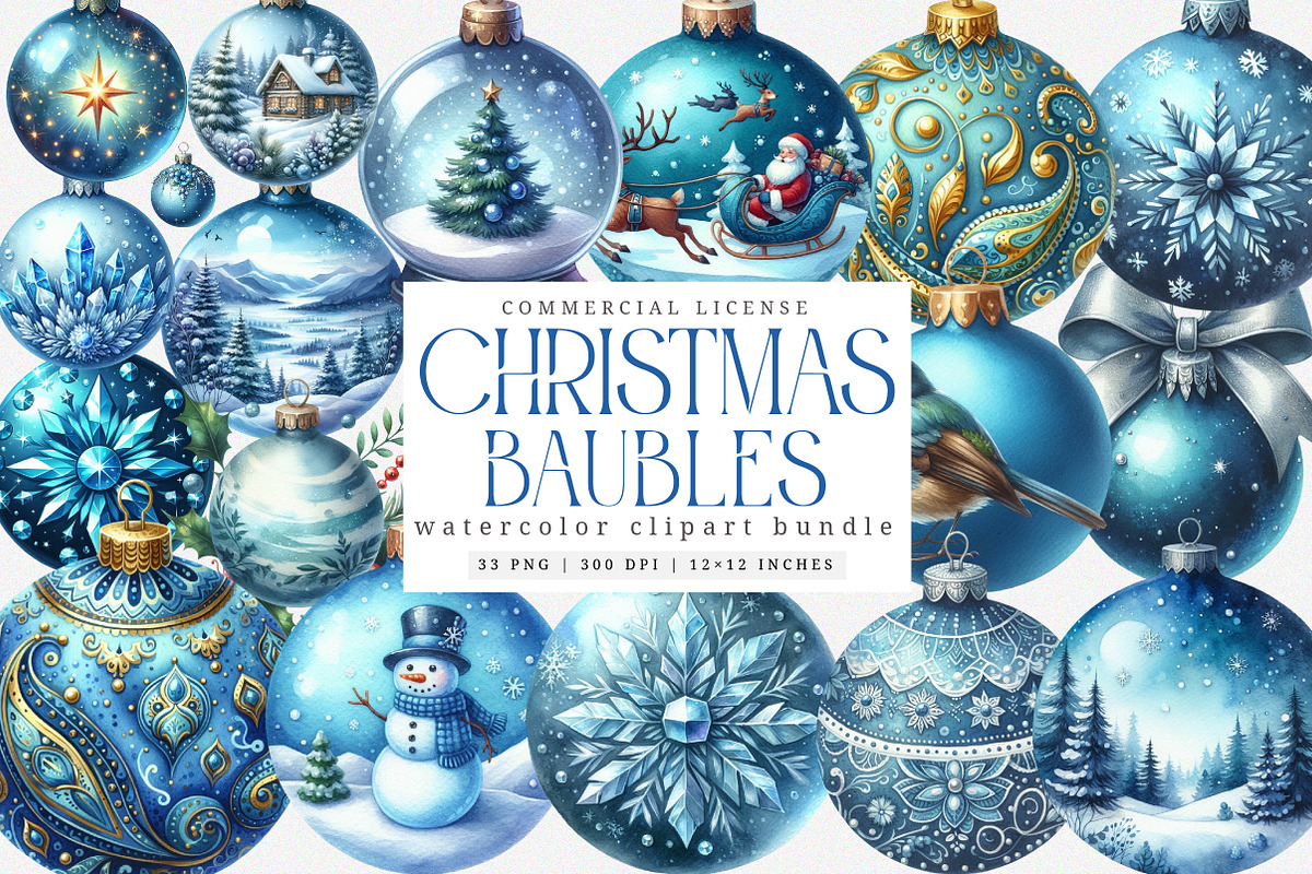 Watercolor Blue Baubles Clipart PNG, an Illustration by SinaCreation (Photo 1 of 7)