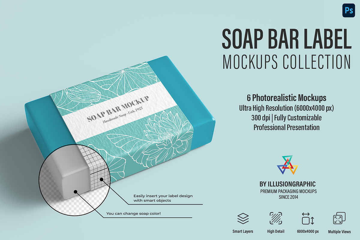 Soap Bar Label Mockup - 6 views, a Packaging Mockup by Illusiongraphic (Photo 1 of 16)