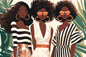 Three fashionable women posing in tropical-inspired outfits with bold patterns, a Photo by AS photostudio