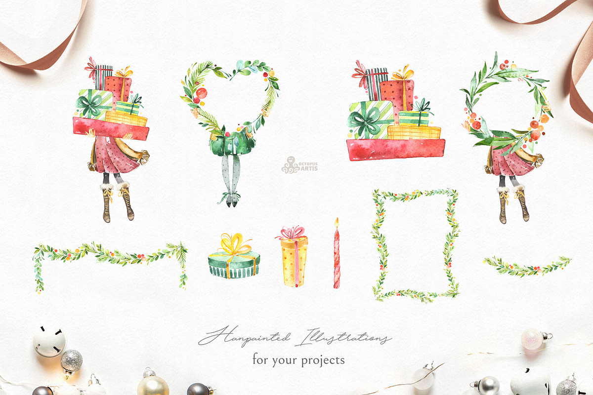 Hello Christmas. Watercolor Kit., a Decorative Illustration by OctopusArtis (Photo 6 of 12)