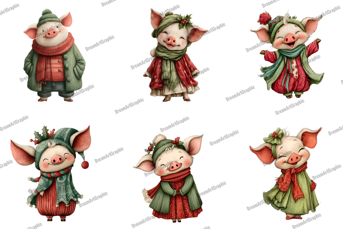 Cute Christmas Piglet Clipart, an Illustration by DreamArtGraphic (Photo 2 of 5)