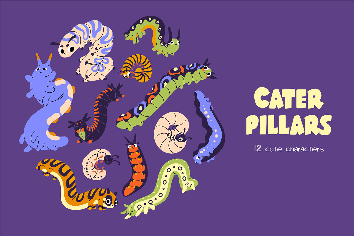 Cute cartoon caterpillars set, an Animal Illustration by PaperTrident (Photo 1 of 4)