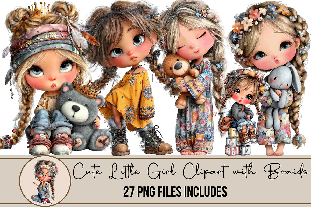 Cute Little Girl Clipart with Braids, an Illustration by DreamArtGraphic (Photo 1 of 4)