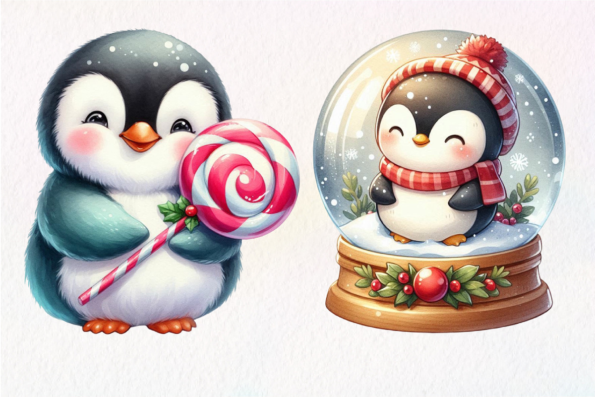 Christmas Penguin Watercolor Clipart, an Illustration by Dream Creation (Photo 5 of 5)