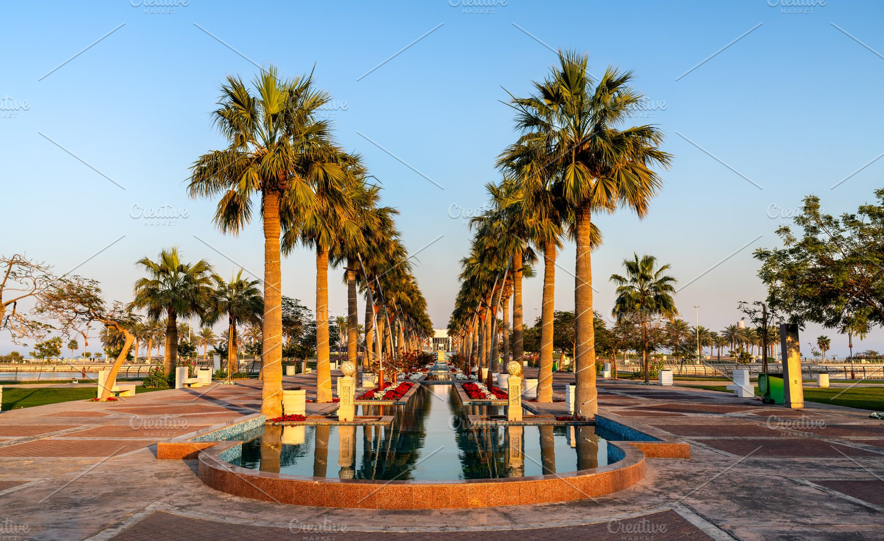 Palm tree promenade at Khobar Sea Front park in Al Khobar, Saudi Arabi, an Architecture Photo by Leonid Andronov