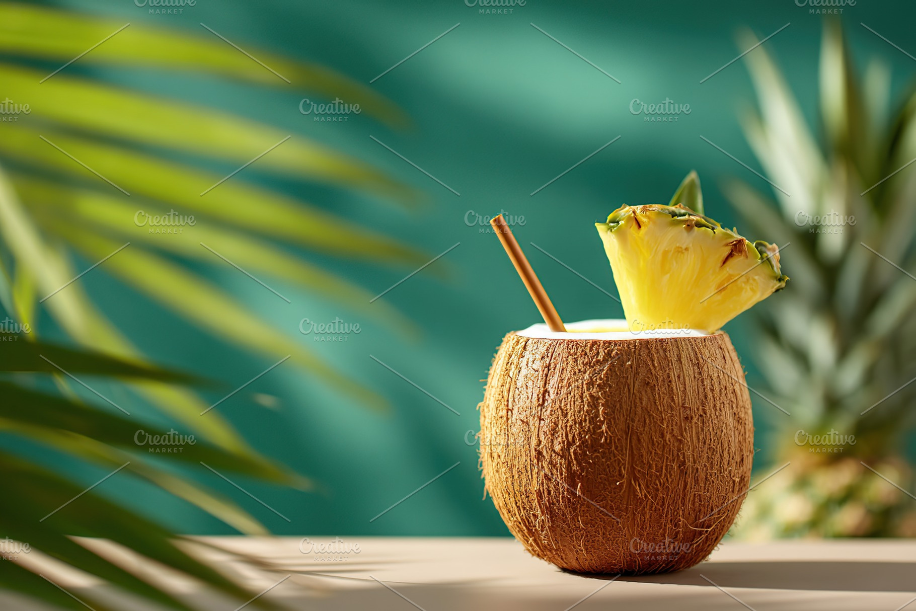 Tropical coconut drink with pineapple garnish on a bright summer day, a Food & Drink Photo by AlyaAnd