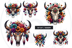 Boho Western Bull Skull PNG Clipart