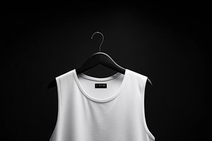 A plain white sleeveless tank top mockup shirt hanging on a black background, s