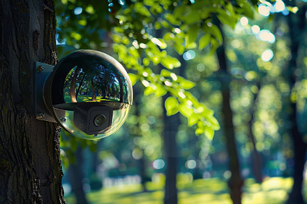Modern public CCTV camera on blurred green park background, a Technology Photo by AlyaAnd