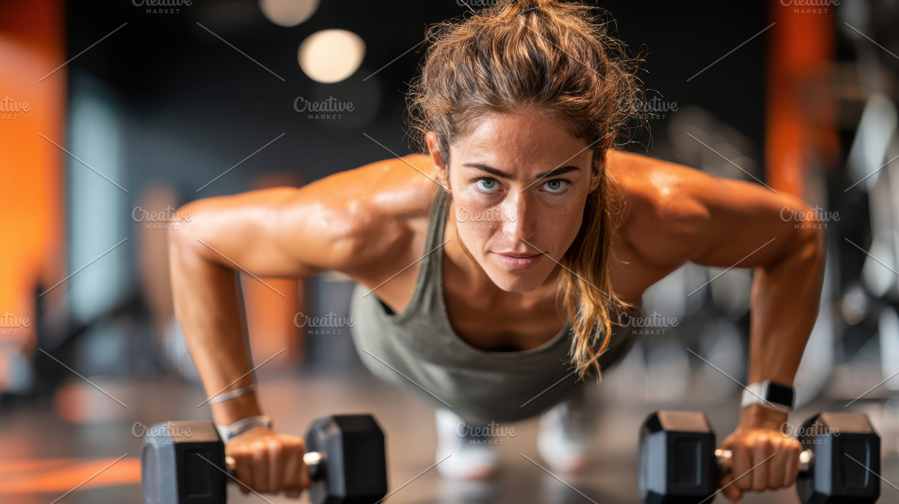 Muscular woman doing push-ups with dumbbells in gym, a Sports & Recreation Photo by AlyaAnd