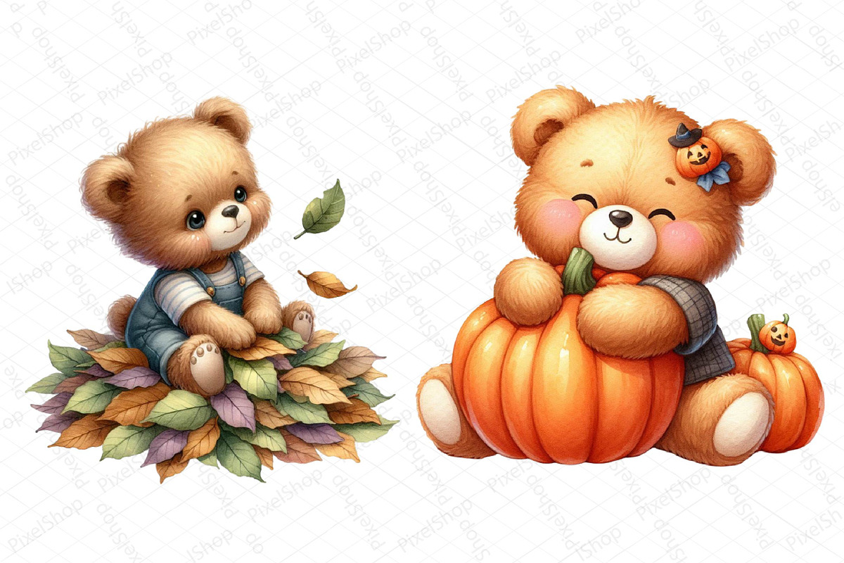 Watercolor Autumn Teddy Bear Clipart, an Illustration by DreamPrint404 (Photo 3 of 6)