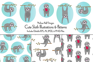 Cute Sloth Illustrations & Patterns