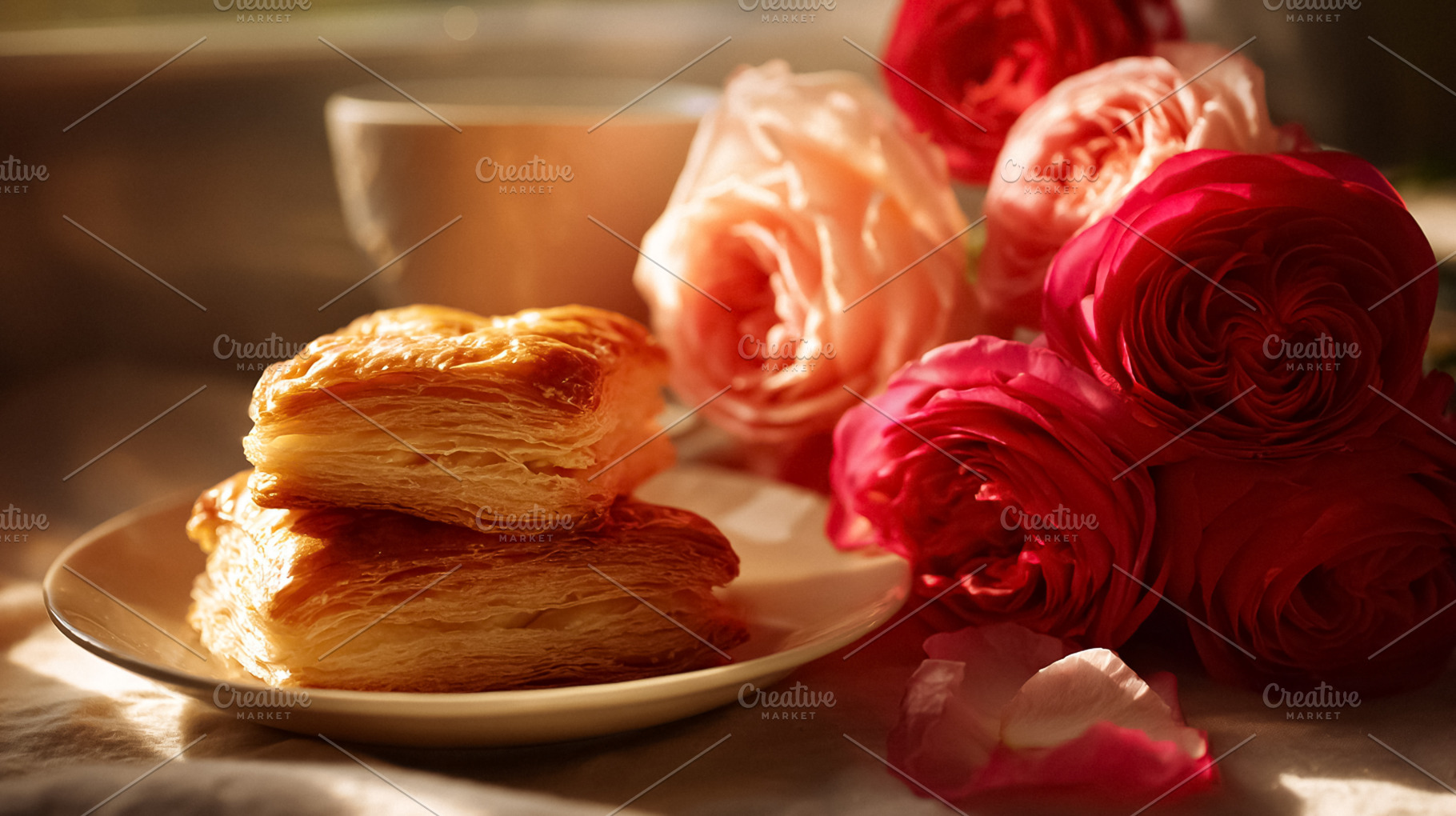 Golden puff pastry squares on a plate with red and pink roses, a, a Photo by Studio ANNA