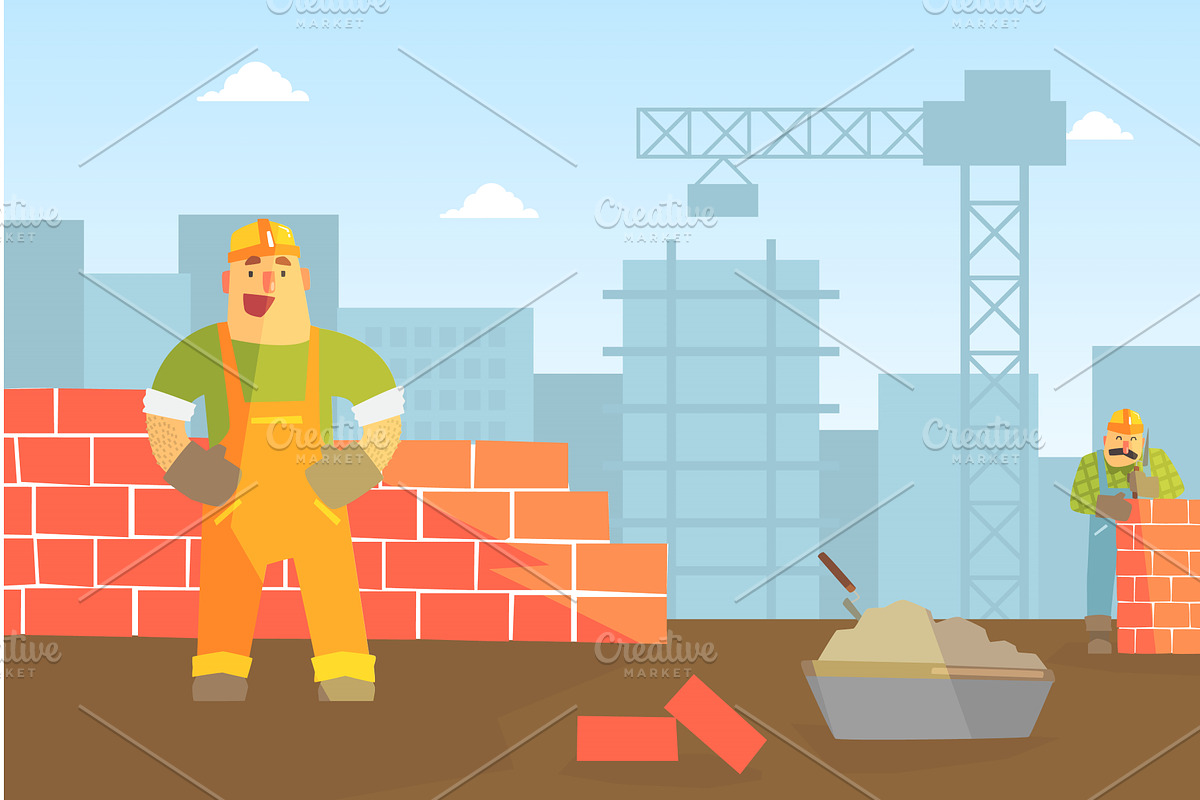 Male Builder Buiding Brick Wall, an Illustration by TopVectors