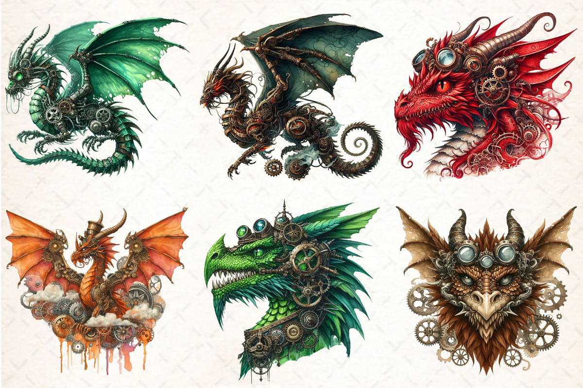 Watercolor Steampunk dragon Clipart, an Illustration by DreamCafeArt (Photo 3 of 5)