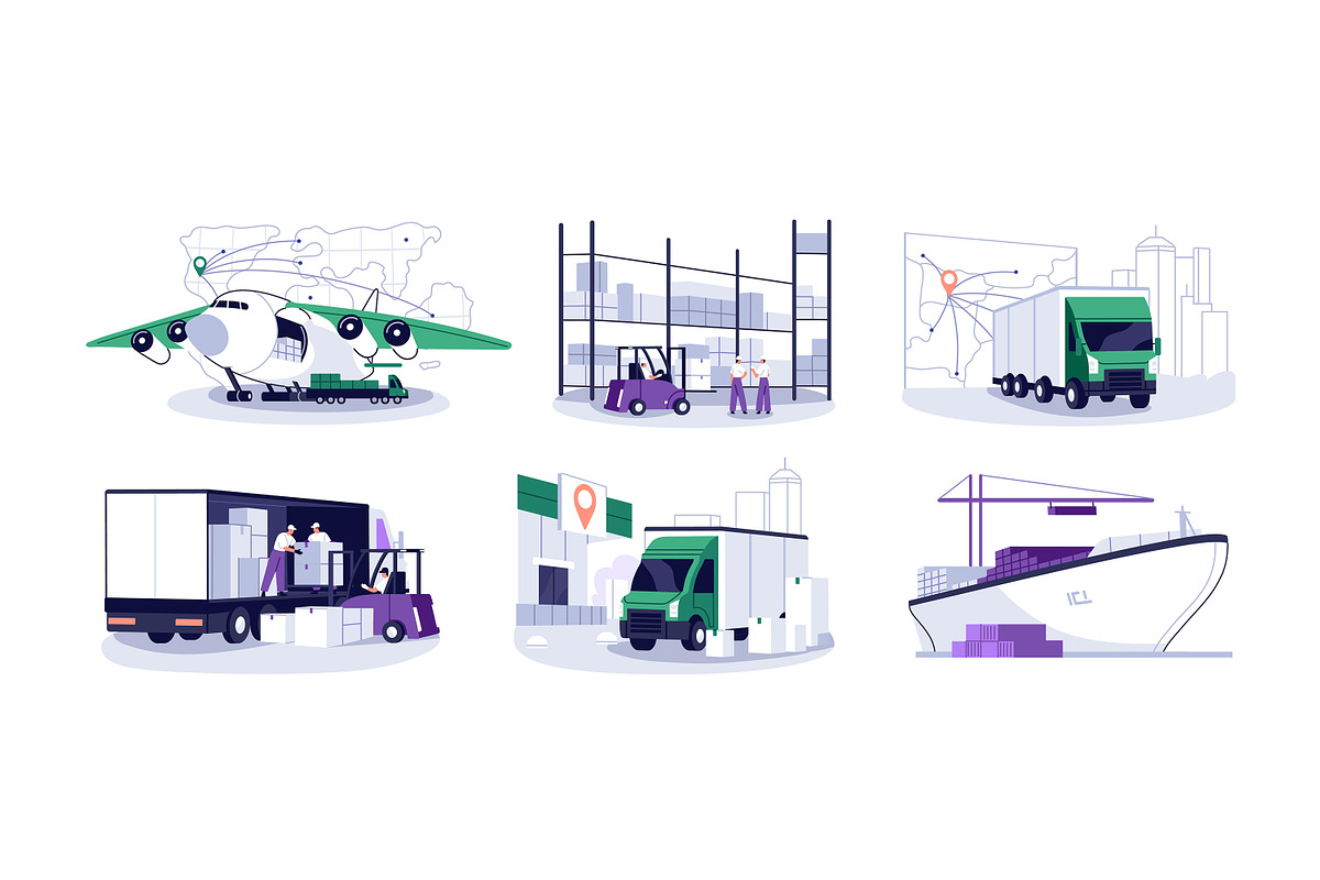Cargo delivery concept set, a Transportation Illustration by PaperTrident (Photo 1 of 7)