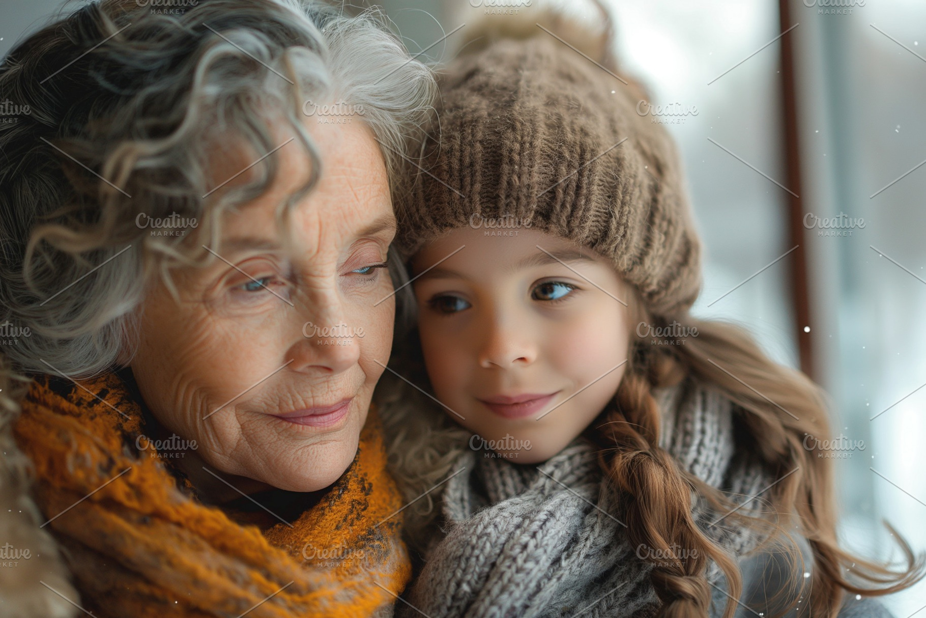 A loving connection between an elderly woman and a young girl, both warmly dres, a Person Photo by ImageMir