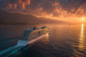 Cruise Ship Sailing Sunset Dramatic, a Photo by Pixeness Studio