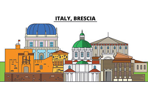 Italy, Brescia. City Skyline, Architecture, Buildings, Streets, Silhouette, Landscape, Panorama, Landmarks. Editable Strokes. Flat Design Line Vector 