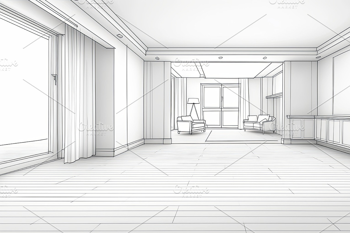 Modern empty living room with hardwood flooring and natural light, an Illustration by AS photostudio
