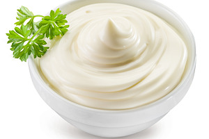 Homemade mayonnaise in a white bowl on white background. File co, a Food & Drink Photo by Volff