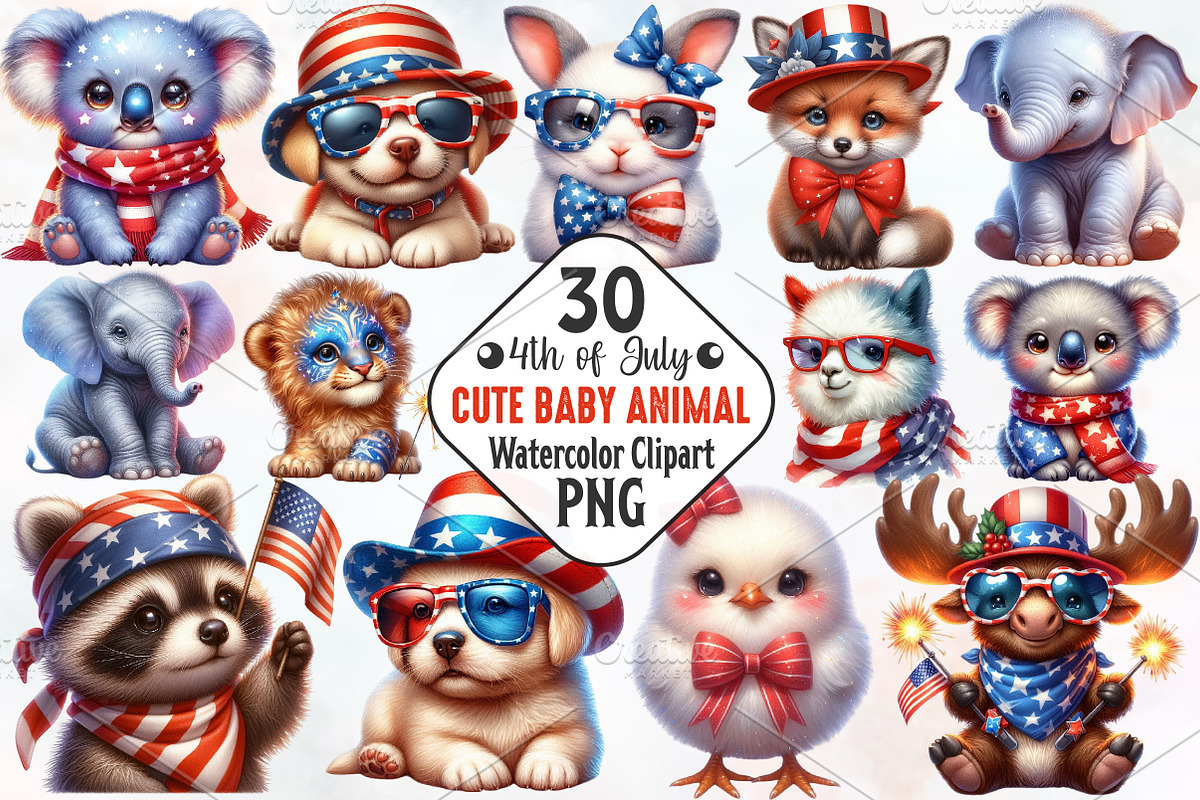 4th of July Cute Baby Animal Clipart, a Seasonal Illustration by RobertsArt (Photo 1 of 7)
