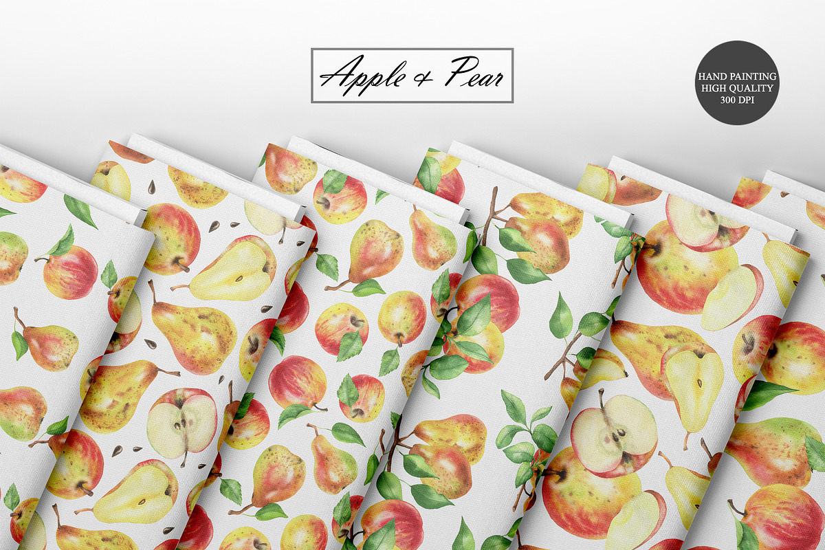 Watercolor Apple & Pear Patterns, a Food Illustration by OlDm_Shop (Photo 9 of 10)