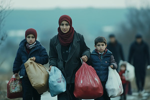Immigrant mother with children holds, a Photo by MistyDay