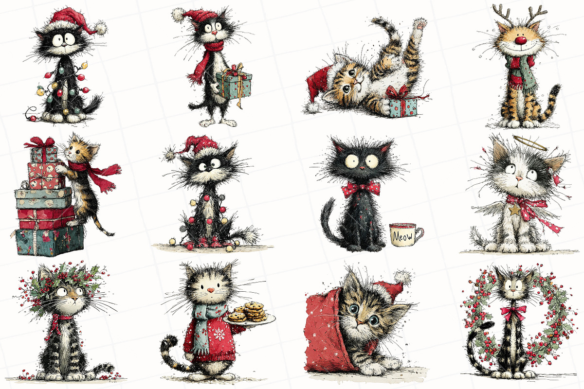 Whimsical Christmas Cats Clipart, an Illustration by OK Design (Photo 3 of 6)