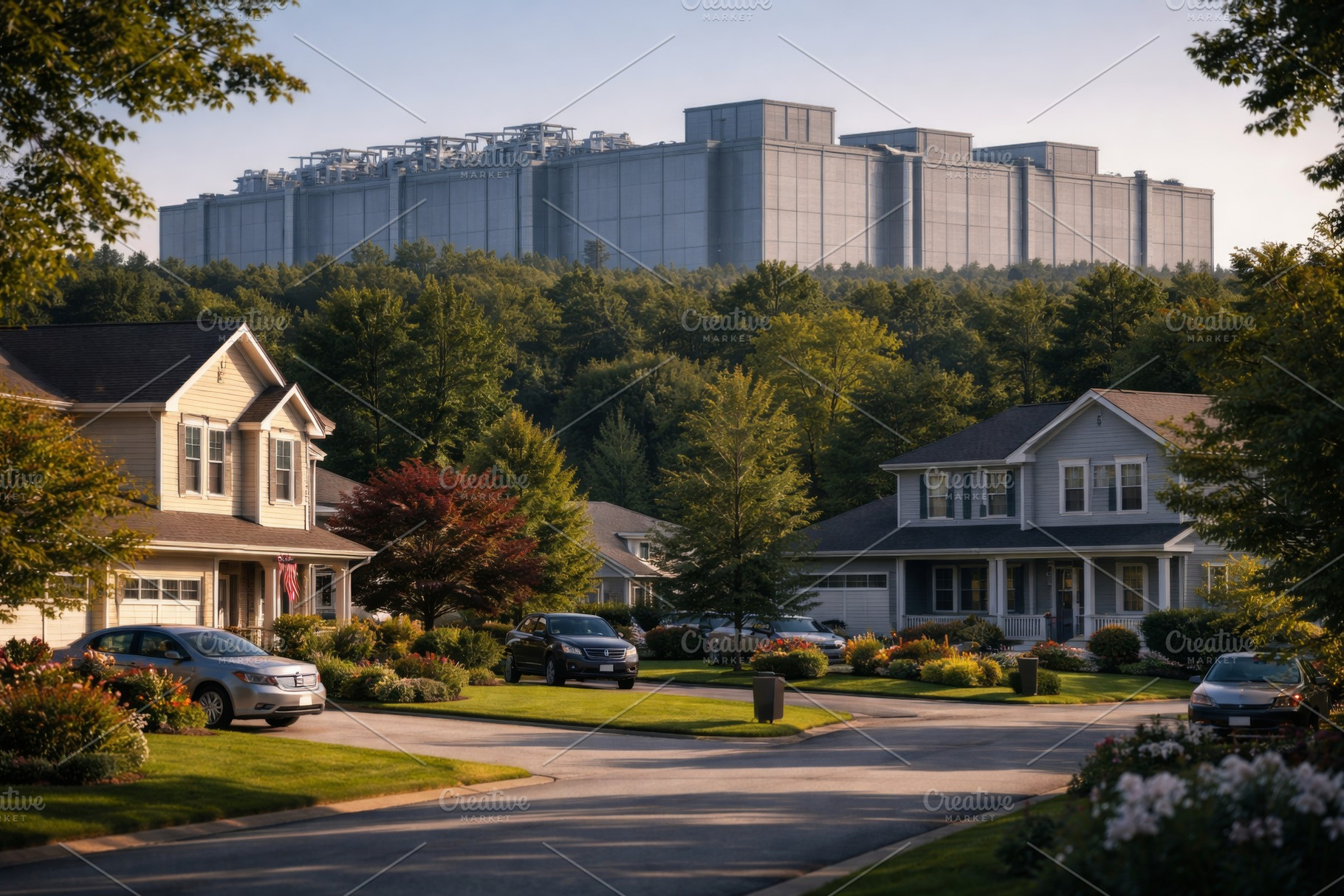 AI data center towering over suburban neighborhood with houses a, a Photo by Dvoevnore photos