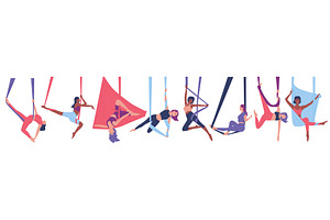 Women practicing aerial yoga in, a Sport Illustration by Flashvector