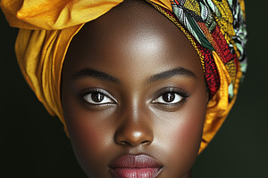 A portrait of a african woman with a vibrant yellow headwrap and colorful patte, a Person Photo by Textures & Backgrounds