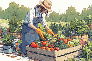 Woman arranging fresh vegetables in a sunny garden setting, an Illustration by AS photostudio