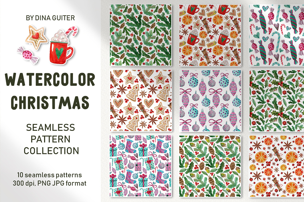 Watercolor Christmas pattern set, a Pattern Graphic by Dina Guiter (Photo 1 of 7)