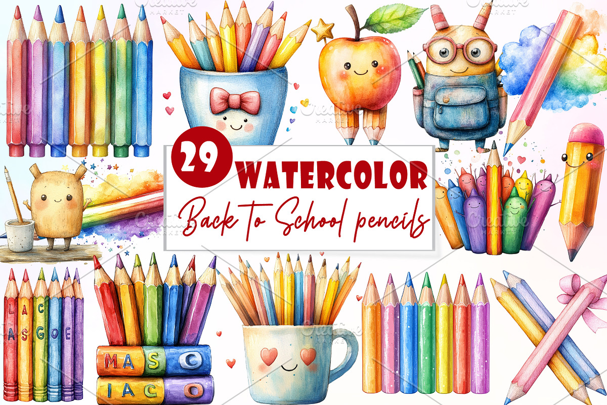 Back to School pencils Clipart, an Illustration by Watercolor design (Photo 1 of 6)